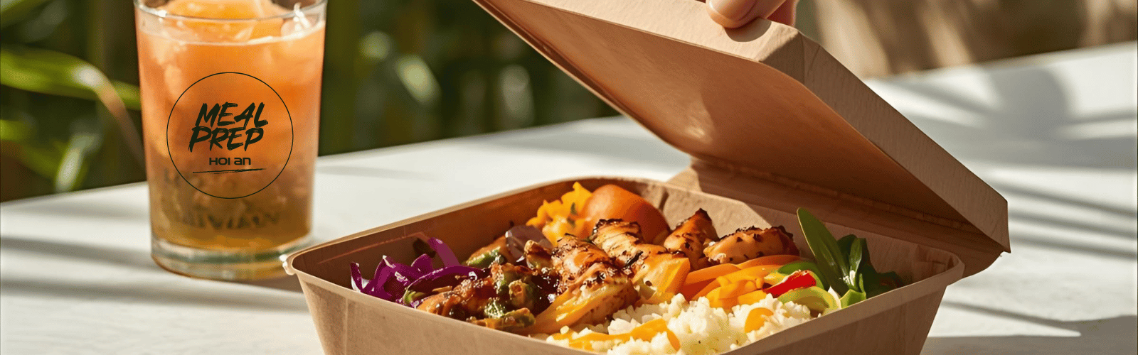 Takeout container from Meal Prep Hoi An with food and a glass of juice on a table outdoors in Hoi An, Vietnam.
